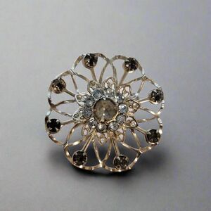 Vintage Rhinestone Flower Brooch – Silver Tone Openwork Floral Pin